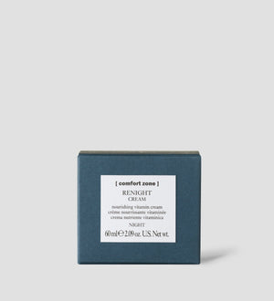 Minimalist packaging of Renight Cream | [ comfort zone ], a nourishing vitamin night cream for skincare, displayed in a sleek dark blue box.