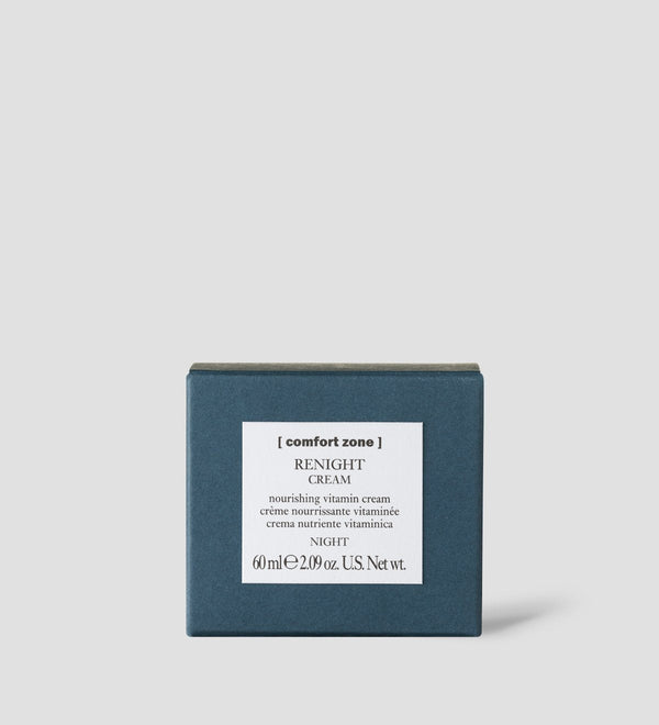 Minimalist packaging of Renight Cream | [ comfort zone ], a nourishing vitamin night cream for skincare, displayed in a sleek dark blue box.