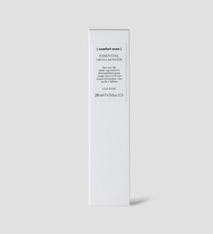 White rectangular box packaging of Essential Micellar Water | [ comfort zone ] for skincare, featuring minimalistic design and product details on a light gray background.