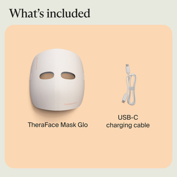TheraFace Mask Glo | Therabody skincare device and USB-C charging cable displayed on a beige background, highlighting included wellness tools for facial care.