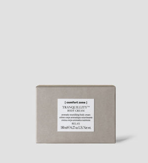 Box packaging of Tranquillity Body Cream | [ comfort zone ] showcasing a neutral beige color with a white label, highlighting a nourishing aromatic body cream for relaxation and skincare.