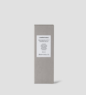 Minimalist grey rectangular box packaging of Tranquillity Shower Cream | [ comfort zone ] with clean white label, promoting a skincare product for body care and wellness.