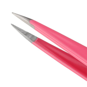 Close-up of sharp stainless steel tips on a vibrant pink tweezer for precise hair removal, Pretty In Pink Point Tweezer | Tweezerman designed for skincare and beauty routines.