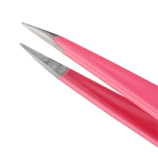Close-up of sharp stainless steel tips on a vibrant pink tweezer for precise hair removal, Pretty In Pink Point Tweezer | Tweezerman designed for skincare and beauty routines.