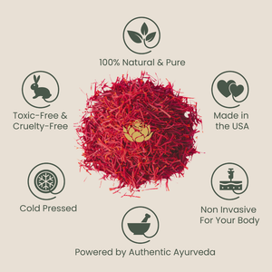 Muscle Relief Oil | Shankara features an image highlighting natural saffron threads surrounded by icons representing 100% natural and pure ingredients, toxic-free and cruelty-free, cold pressed, made in the USA, non-invasive for your body, and powered by 
