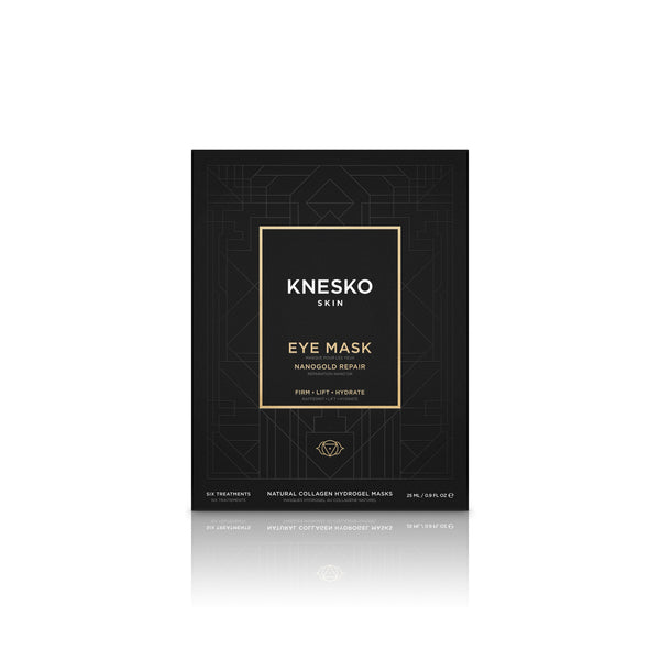 Packaging of Nanogold Repair Eye Mask - 6 pack | Knesko in black with gold and white text, promoting firming, lifting, and hydrating skincare benefits.