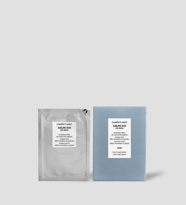 Sublime Skin Eye Patch | [ comfort zone ] skincare product packaging showing a silver foil pouch and a blue box designed for eye care and wellness supplements.