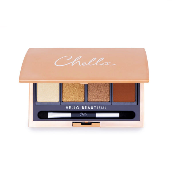 Manifest Bronze Eyeshadow Palette | Chella featuring four warm bronze shades and an applicator brush inside a sleek compact case with the Chella logo on the lid.