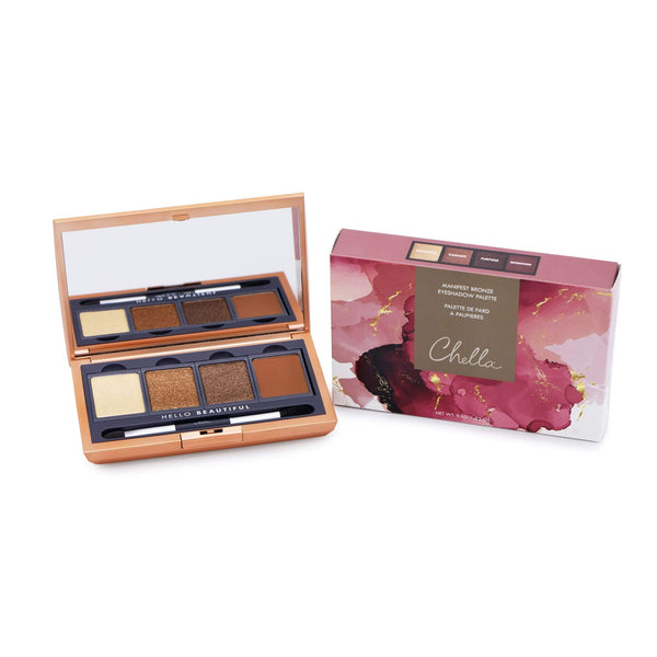 Open Manifest Bronze Eyeshadow Palette | Chella displaying five warm bronze and neutral shades with applicator brush next to its artistic pink and gold marbled packaging.