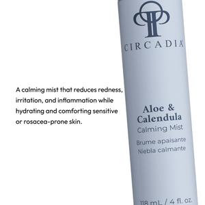 Close-up of a light blue bottle of Aloe & Calendula Calming Mist | Circadia beside text describing it as a soothing skincare mist that reduces redness, irritation, and inflammation while hydrating sensitive or rosacea-prone skin.