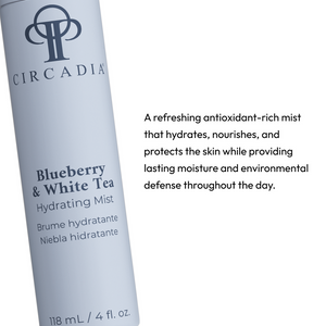 Blueberry & White Tea Hydrating Mist | Circadia in a light blue bottle beside text describing it as an antioxidant-rich mist that hydrates, nourishes, and protects skin with lasting moisture and environmental defense.
