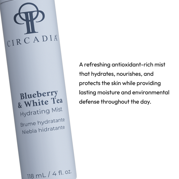 Blueberry & White Tea Hydrating Mist | Circadia in a light blue bottle beside text describing it as an antioxidant-rich mist that hydrates, nourishes, and protects skin with lasting moisture and environmental defense.