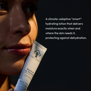 Close-up of a person holding a tube of Moisture on Demand | Circadia hydrating lotion next to their face, highlighting its climate-adaptive moisturizing benefits for skincare.