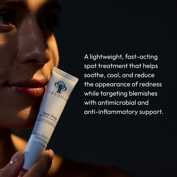 Close-up of a person holding a tube of Spot Stop Blemish Corrector | Circadia with text describing it as a lightweight, fast-acting spot treatment that soothes, cools, reduces redness, and targets blemishes with antimicrobial and anti-inflammatory support