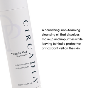 Bottle of Vitamin Veil Cleansing Oil (formerly Vitamin Veil Cleanser) | Circadia beside text describing it as a nourishing, non-foaming oil that dissolves makeup and impurities while leaving a protective antioxidant veil on skin for skincare use.