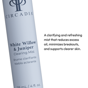 Close-up of a bottle of White Willow & Juniper Clearing Mist | Circadia, a clarifying skincare mist designed to reduce excess oil, minimize breakouts, and support clearer skin.