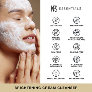 Woman gently applying Brightening Cream Cleanser | Kindness Powered Skincare to her face, with icons highlighting the product’s clean, non-toxic, and free-from formula features.