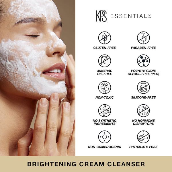 Woman gently applying Brightening Cream Cleanser | Kindness Powered Skincare to her face, with icons highlighting the product’s clean, non-toxic, and free-from formula features.