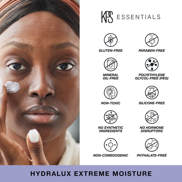 Close-up of a person applying Hydralux Extreme Moisture | Kindness Powered Skincare cream to their cheek, alongside icons highlighting the product’s gluten-free, paraben-free, mineral oil-free, polyethylene glycol-free, non-toxic, silicone-free, no synthe