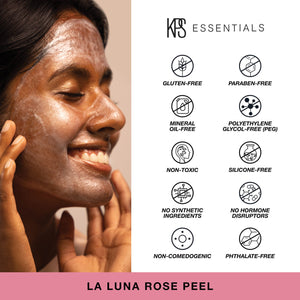 Smiling woman with glowing skin applies La Luna Rose Peel | Kindness Powered Skincare that is gluten-free, paraben-free, non-toxic, and free from synthetic ingredients and common irritants.