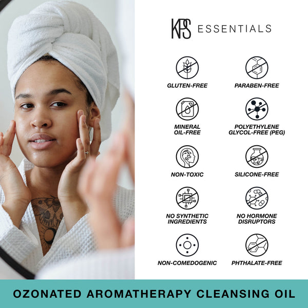 Woman with a towel wrapped around her head applying Ozonated Aromatherapy Cleansing Oil | Kindness Powered Skincare, alongside icons indicating the product is gluten-free, paraben-free, mineral oil-free, PEG-free, non-toxic, silicone-free, free of synthet
