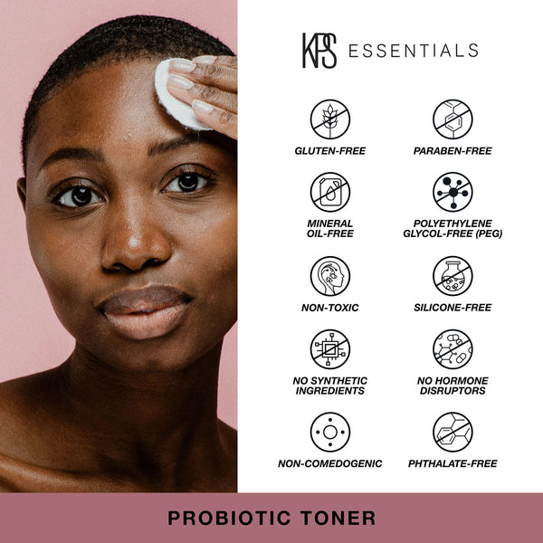Woman gently applying skincare with a cotton pad next to icons highlighting Probiotic Toner | Kindness Powered Skincare as gluten-free, paraben-free, mineral oil-free, PEG-free, non-toxic, silicone-free, no synthetic ingredients, no hormone disruptors, no