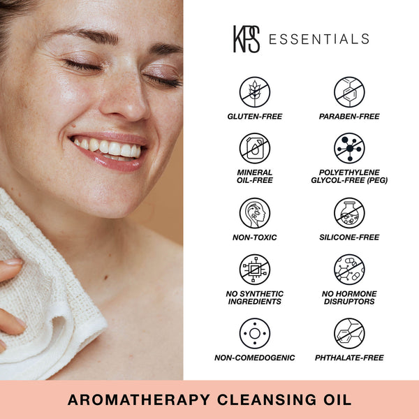 Smiling woman gently cleansing her face with a towel next to icons highlighting that Aromatherapy Cleansing Oil | Kindness Powered Skincare is gluten-free, paraben-free, mineral oil-free, polyethylene glycol-free, non-toxic, silicone-free, with no synthet