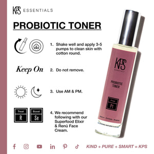 Instructional graphic showing how to use Probiotic Toner | Kindness Powered Skincare with four steps, featuring a pink bottle with silver cap and icons for shaking, applying, and using morning and night.