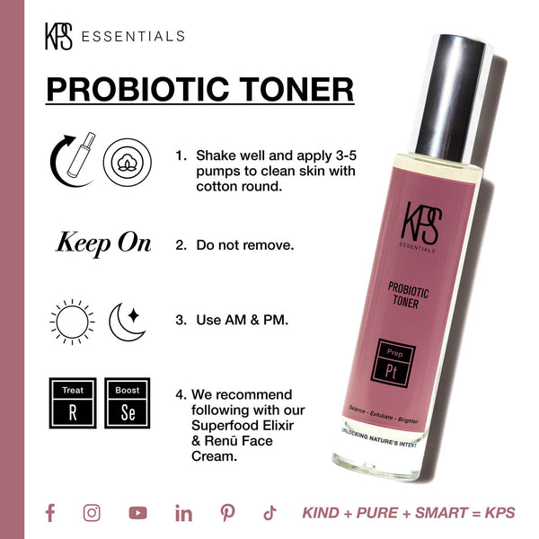 Instructional graphic showing how to use Probiotic Toner | Kindness Powered Skincare with four steps, featuring a pink bottle with silver cap and icons for shaking, applying, and using morning and night.