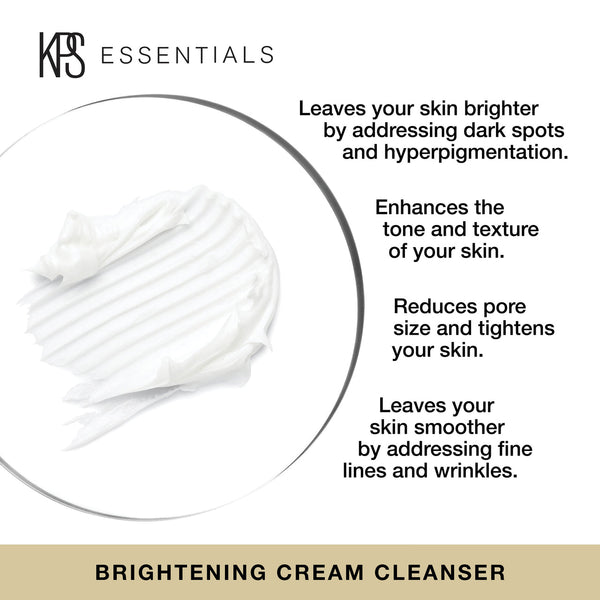 Close-up of white creamy texture with key benefits listed for Brightening Cream Cleanser | Kindness Powered Skincare, highlighting skin brightening, tone enhancement, pore reduction, and smoothing effects.
