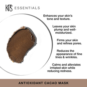 Close-up of a rich cacao-colored skincare mask texture surrounded by text highlighting benefits such as enhancing skin tone and texture, moisturizing, firming, reducing fine lines, and calming redness for the Antioxidant Cacao Mask | Kindness Powered Skin