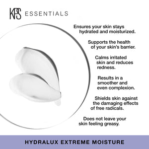 Close-up of two smooth white cream swatches on a clear plate with text listing benefits including hydration, skin barrier support, calming irritation, even complexion, antioxidant protection, and a non-greasy feel for Hydralux Extreme Moisture | Kindness 