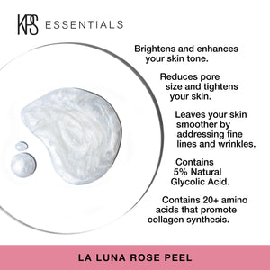 Clear skincare product texture with text highlighting benefits of La Luna Rose Peel | Kindness Powered Skincare, including brightening, pore tightening, smoothing fine lines, natural glycolic acid, and collagen support.