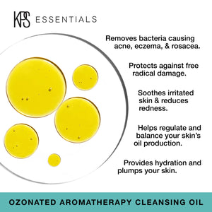 Clear liquid droplets of Ozonated Aromatherapy Cleansing Oil | Kindness Powered Skincare displayed with text highlighting benefits like removing acne-causing bacteria, protecting against free radicals, soothing irritation, balancing oil production, and hy