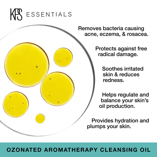 Clear liquid droplets of Ozonated Aromatherapy Cleansing Oil | Kindness Powered Skincare displayed with text highlighting benefits like removing acne-causing bacteria, protecting against free radicals, soothing irritation, balancing oil production, and hy