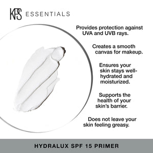 Smears of Hydralux SPF 15 Primer | Kindness Powered Skincare displayed alongside key benefits including UVA and UVB protection, smooth makeup canvas, hydration, skin barrier support, and non-greasy finish.