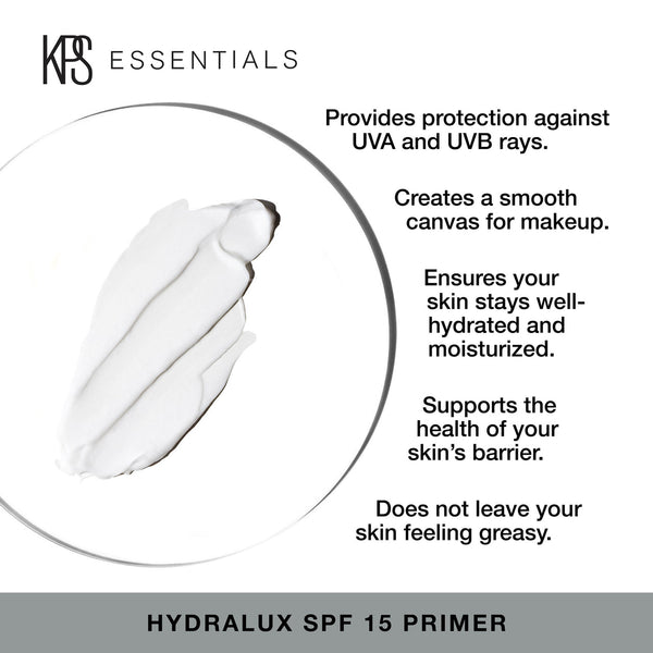 Smears of Hydralux SPF 15 Primer | Kindness Powered Skincare displayed alongside key benefits including UVA and UVB protection, smooth makeup canvas, hydration, skin barrier support, and non-greasy finish.