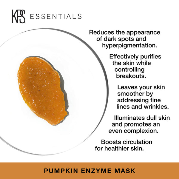 Close-up of an orange pumpkin enzyme mask on a white plate with text highlighting benefits: reduces dark spots, purifies skin, smooths fine lines, brightens complexion, and boosts circulation, promoting healthier skin with Pumpkin Enzyme Mask | Kindness P