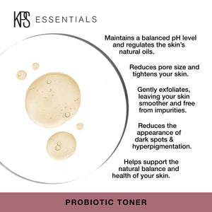 Close-up view of a clear serum drop showcasing benefits of Probiotic Toner | Kindness Powered Skincare, including balanced pH, reduced pores, gentle exfoliation, and improved skin health.