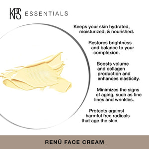 Close-up of creamy beige skincare product swatch with key benefits including hydration, brightness restoration, volume boost, elasticity enhancement, anti-aging, and protection from free radicals, promoting healthy skin with Renū Face Cream | Kindness Pow