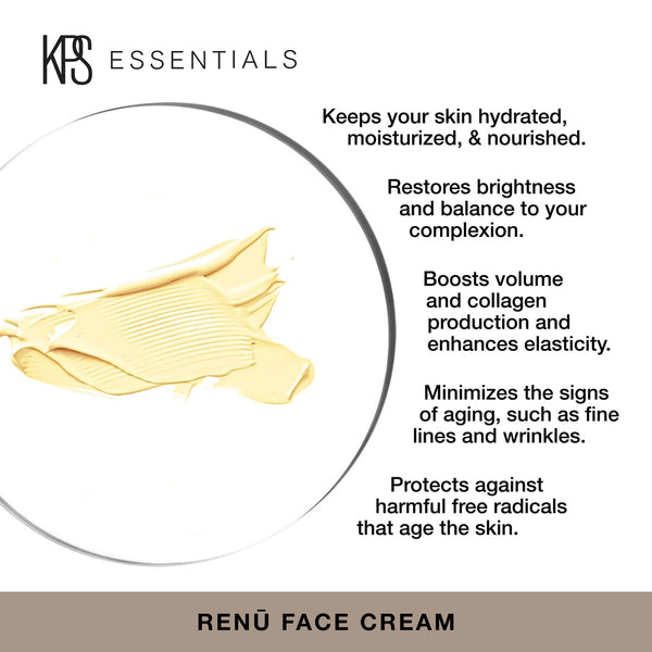 Close-up of creamy beige skincare product swatch with key benefits including hydration, brightness restoration, volume boost, elasticity enhancement, anti-aging, and protection from free radicals, promoting healthy skin with Renū Face Cream | Kindness Pow