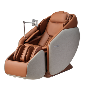 Ceragem Pause M10 - Brown | Ceragem massage chair with ergonomic design, padded headrest, and footrest, blending leather and fabric for ultimate wellness and recovery comfort.