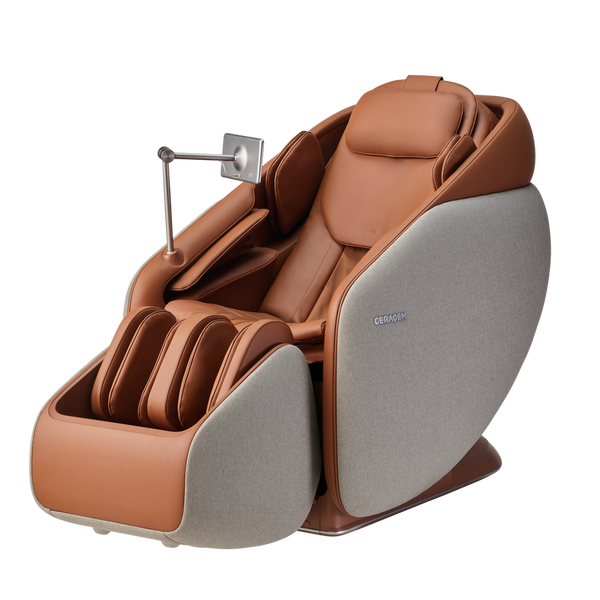 Ceragem Pause M10 - Brown | Ceragem massage chair with ergonomic design, padded headrest, and footrest, blending leather and fabric for ultimate wellness and recovery comfort.