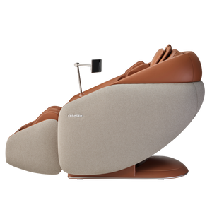 Ceragem Pause M10 - Brown | Ceragem wellness device featuring a modern massage chair design with brown leather and beige fabric accents for body care and relaxation.