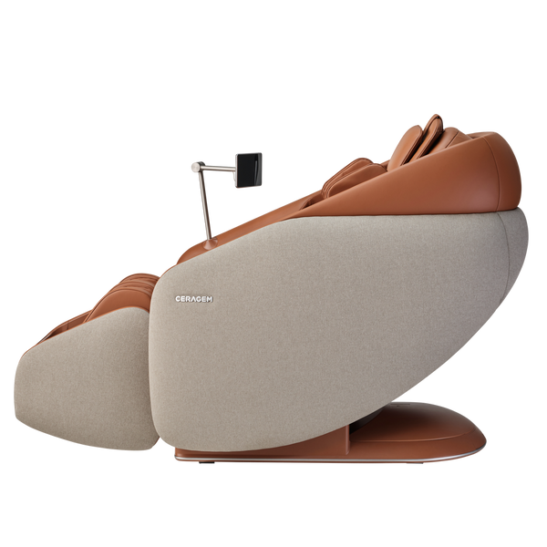 Ceragem Pause M10 - Brown | Ceragem wellness device featuring a modern massage chair design with brown leather and beige fabric accents for body care and relaxation.