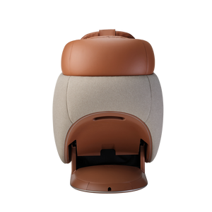 Front view of the Ceragem Pause M10 - Brown | Ceragem wellness device featuring brown leather and beige fabric materials designed for body care and recovery.