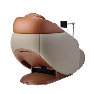 Side view of the Ceragem Pause M10 - Brown | Ceragem, a wellness device combining brown leather and beige fabric designed for relaxation and recovery.