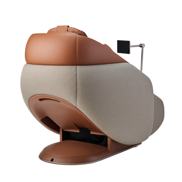 Side view of the Ceragem Pause M10 - Brown | Ceragem, a wellness device combining brown leather and beige fabric designed for relaxation and recovery.