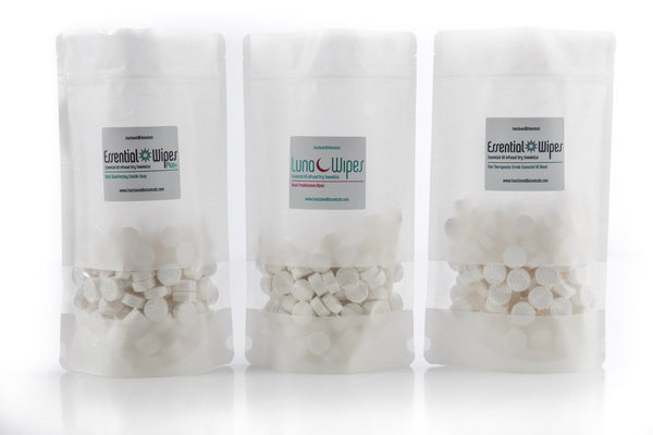 Three clear resealable bags filled with round white wipes labeled Essential Wipes and Luna Wipes, showcasing Essential Wipes Plus PRO Pak - 350 qty | Functional Botanicals for skincare and wellness.