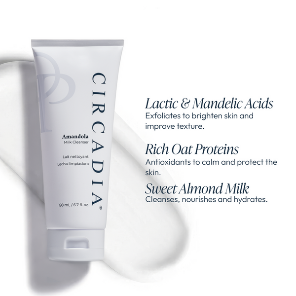 A tube of Amandola Milk Cleanser | Circadia displayed with a creamy texture on a white background, highlighting its benefits for exfoliating, nourishing, and hydrating the skin.